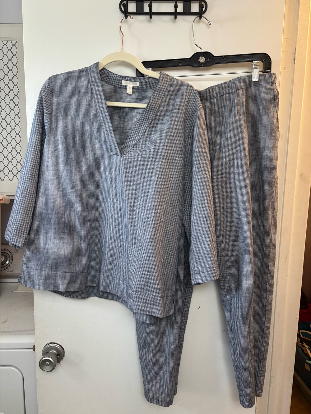 EILEEN FISHER Split Neck Popover Top Matching pull on pants 2 Pc set Sz M P Hemp